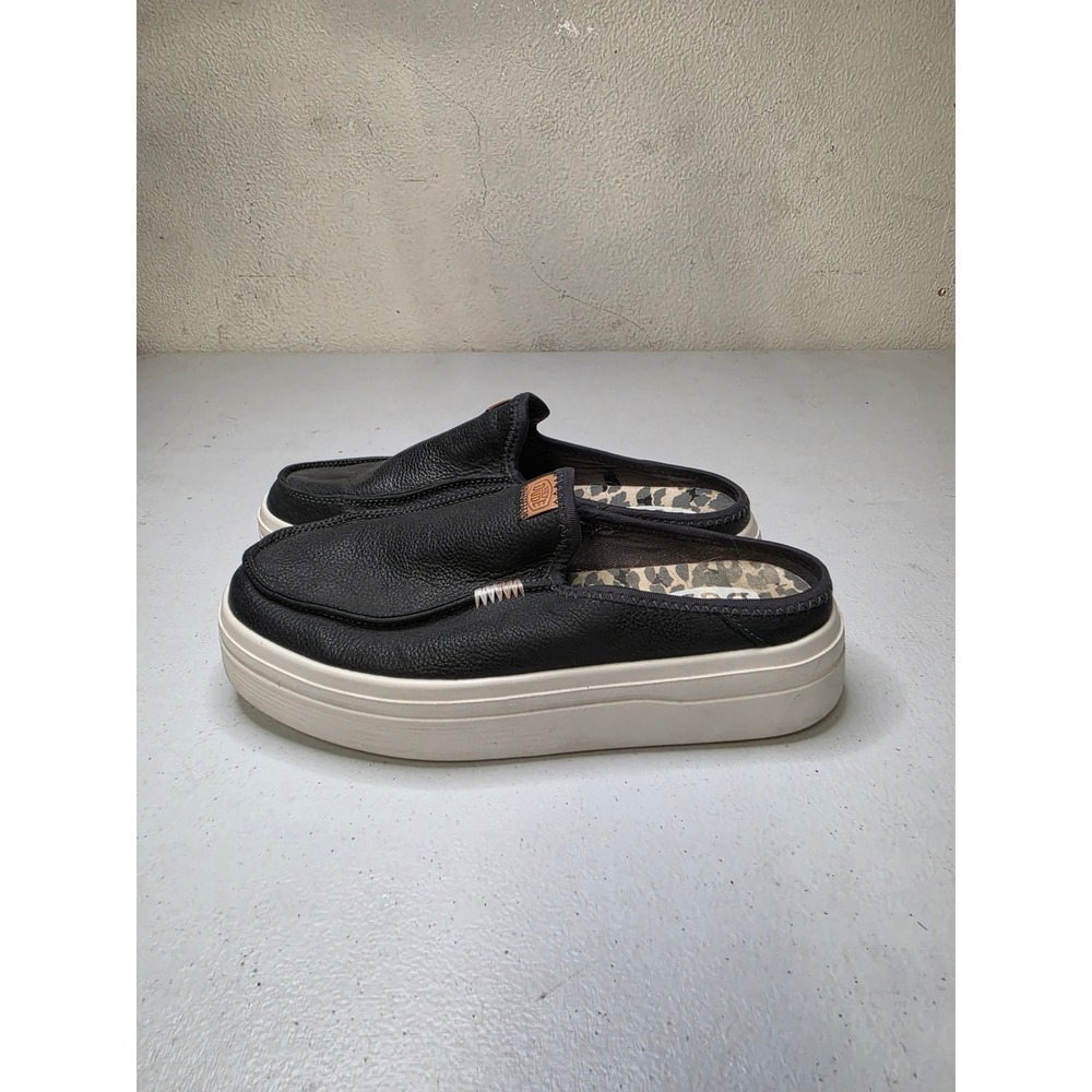 Hey Dude Austin Lift Leather Black Platform Mules Women Size 8
